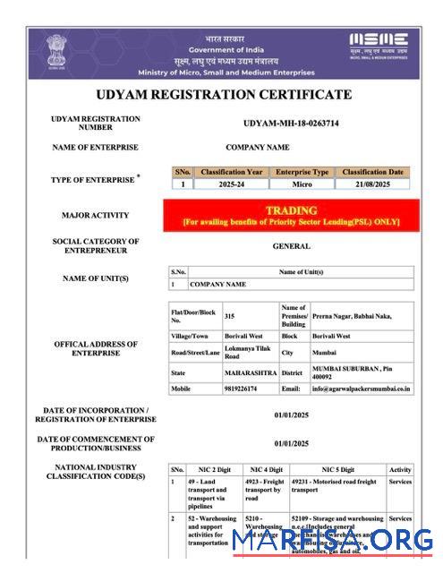 Printable India Udyam registration certificate Word and PDF template, version 3